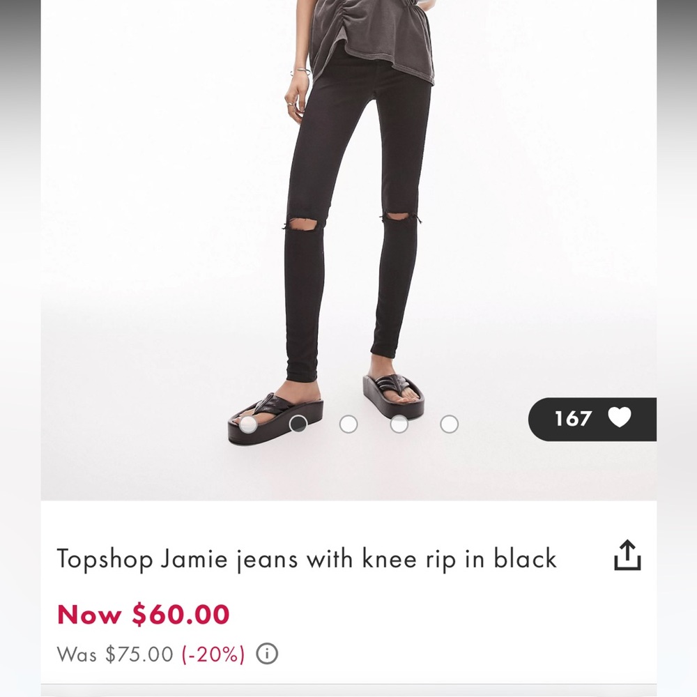 NWT TOPSHOP Jamie Black Jeans with Knee Rip